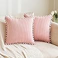 MIULEE Boho Decorative Throw Pillow Covers with Pom-poms, Soft Corduroy Square Solid Lumbar Cushion Cases for Spring Couch So