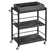 VASAGLE Industrial Bar Cart for Home, Serving Cart with Wheels and Handle, 3-Tier Beverage Cart with Removable Tray and Stora