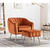 Artechworks Velvet Modern Tub Barrel Arm Chair Upholstered Tufted with Gold Metal Legs Accent Club Chair with Ottoman Footres