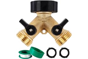 Biswing Garden Hose Splitter 2 Way, Heavy Duty Brass Connector Tap Splitter, Y Splitter 2 Valves with 2 Extra Rubber Washers