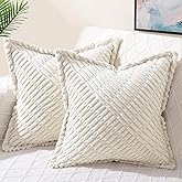 decorUhome Decorative Cream White Throw Pillow Covers 18x18 Set of 2 with Splicing, Boho Soft Corduroy Broadside Twill Pillow