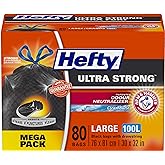 Hefty® Garbage Bags, Ultra Strong Large 100 Litres Black, Drawstring, Arm & Hammer odour neutralizer, 80 Bags