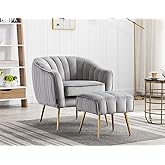 Artechworks Velvet Modern Tub Barrel Arm Chair Upholstered Tufted with Gold Metal Legs Accent Club Chair with Ottoman Footres