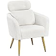Yaheetech Accent Chair, Cozy Living Room Chair with Adjustable Headrest, Boucle Vanity Chair with Lumbar Pillow and Golden Le