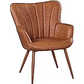 Yaheetech PU Leather Armchair, Modern Accent Chair with Metal Legs, Comfy Upholstered Barrel Chair for Living Room Bedroom Va