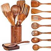 Mooues 9 Piece Natural Teak Wooden Kitchen Utensil Set with Spoon Rest - Comfort Grip Cooking Spoons and Utensils Holder