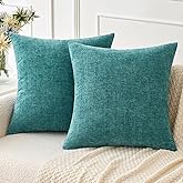 MIULEE Pack of 2 Couch Throw Pillow Covers 18x18 Inch Soft Teal Chenille Pillow Covers for Sofa Living Room Solid Dyed Pillow