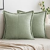 Woaboy Corduroy Pillow Covers 18x18 Inch Sage Green Set of 2 Super Soft Boho Striped Couch Covers Broadside Splicing Decorati