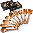 Zulay Kitchen 9-Piece Teak Wooden Utensils for Cooking - Natural Teak Utensil Set with Premium Gift Box - Non-Stick Wooden Sp