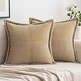 Woaboy Corduroy Pillow Covers 18x18 Inch Khaki Set of 2 Super Soft Boho Striped Couch Covers Broadside Splicing Decorative Te