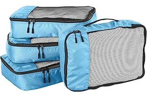 Amazon Basics 4 Piece Packing Cubes for Travel, Travel Organizer Zipper Cubes Set, Medium, Sky Blue