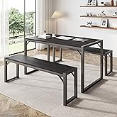 IMUsee 3-Piece Dining Table Set for 4-6, Heavy Duty Kitchen with Metal Frame and Wood Board, Room Benches, Small Space-Saving