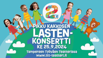 Pikku Kakkosen lastenkonsertti -tekstin ympärillä on graafisia Pikku Kakkosen juontajahahmoja.