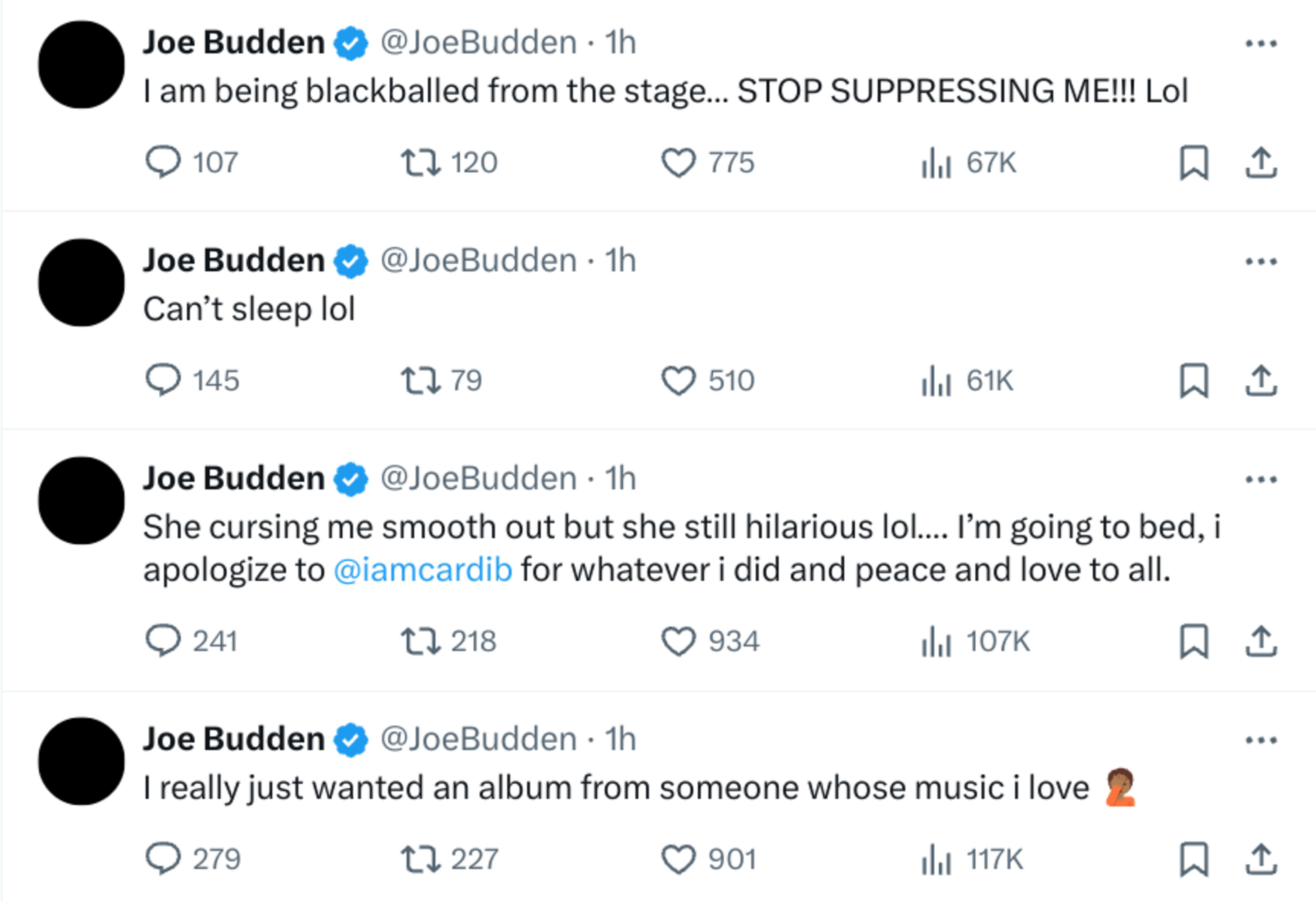 Joe Budden tweets about being suppressed, insomnia, an apology to Cardi B, and wanting an album from an artist he admires