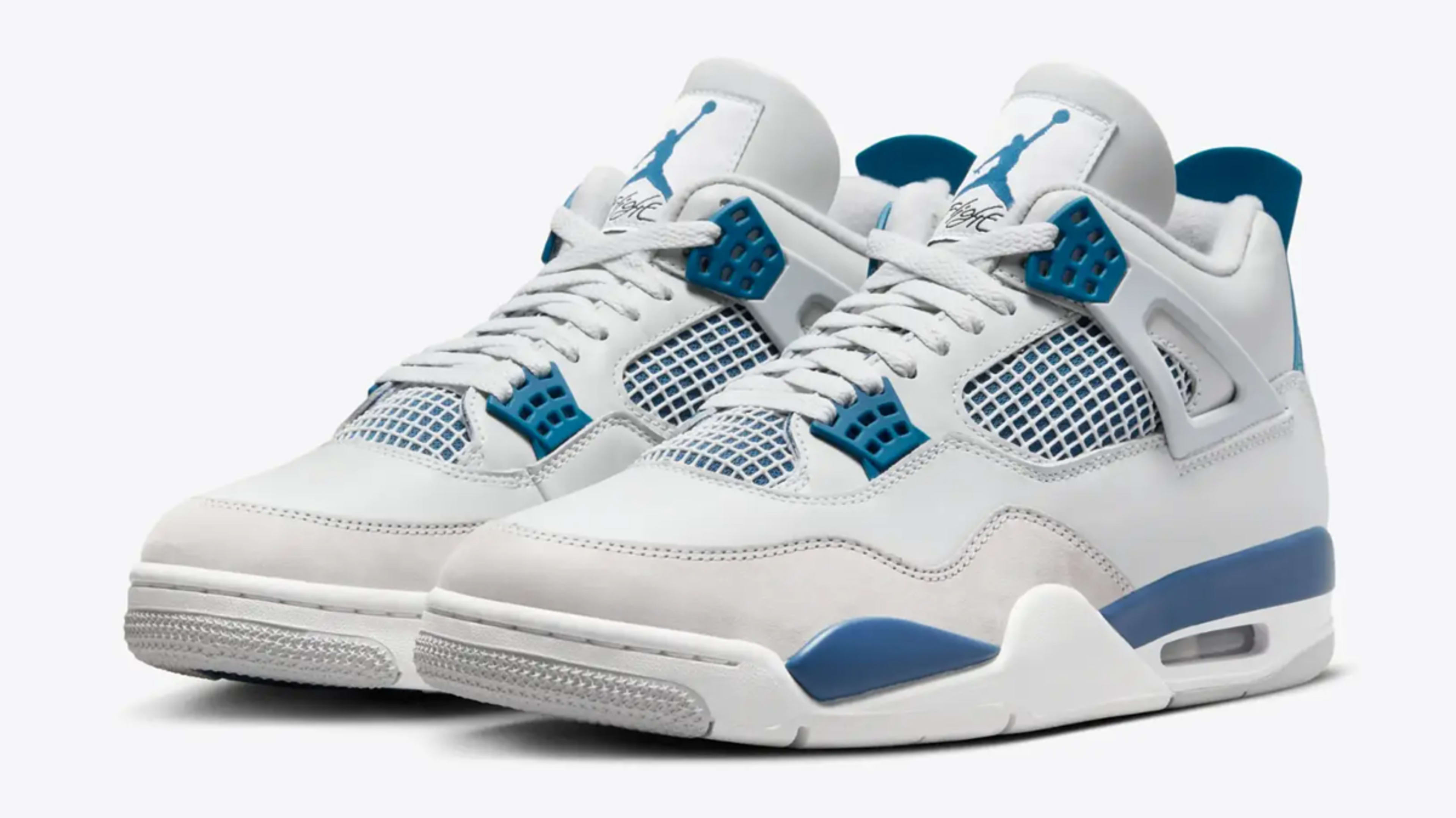 A pair of Air Jordan 4 sneakers with mesh detailing and blue accents