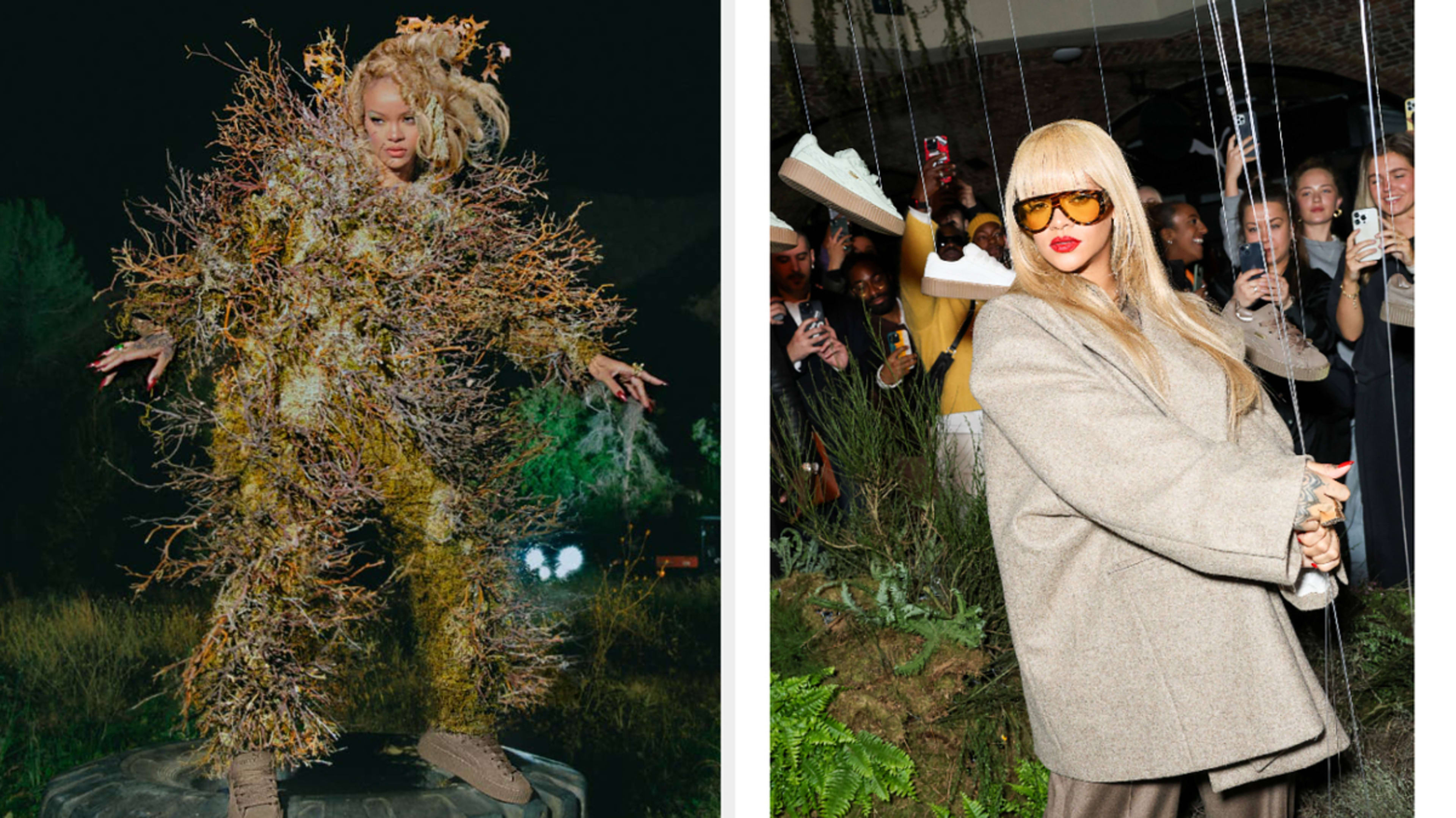 Two photos: Left shows an avant-garde twig outfit, right shows a person in a tan jacket and sunglasses at an event