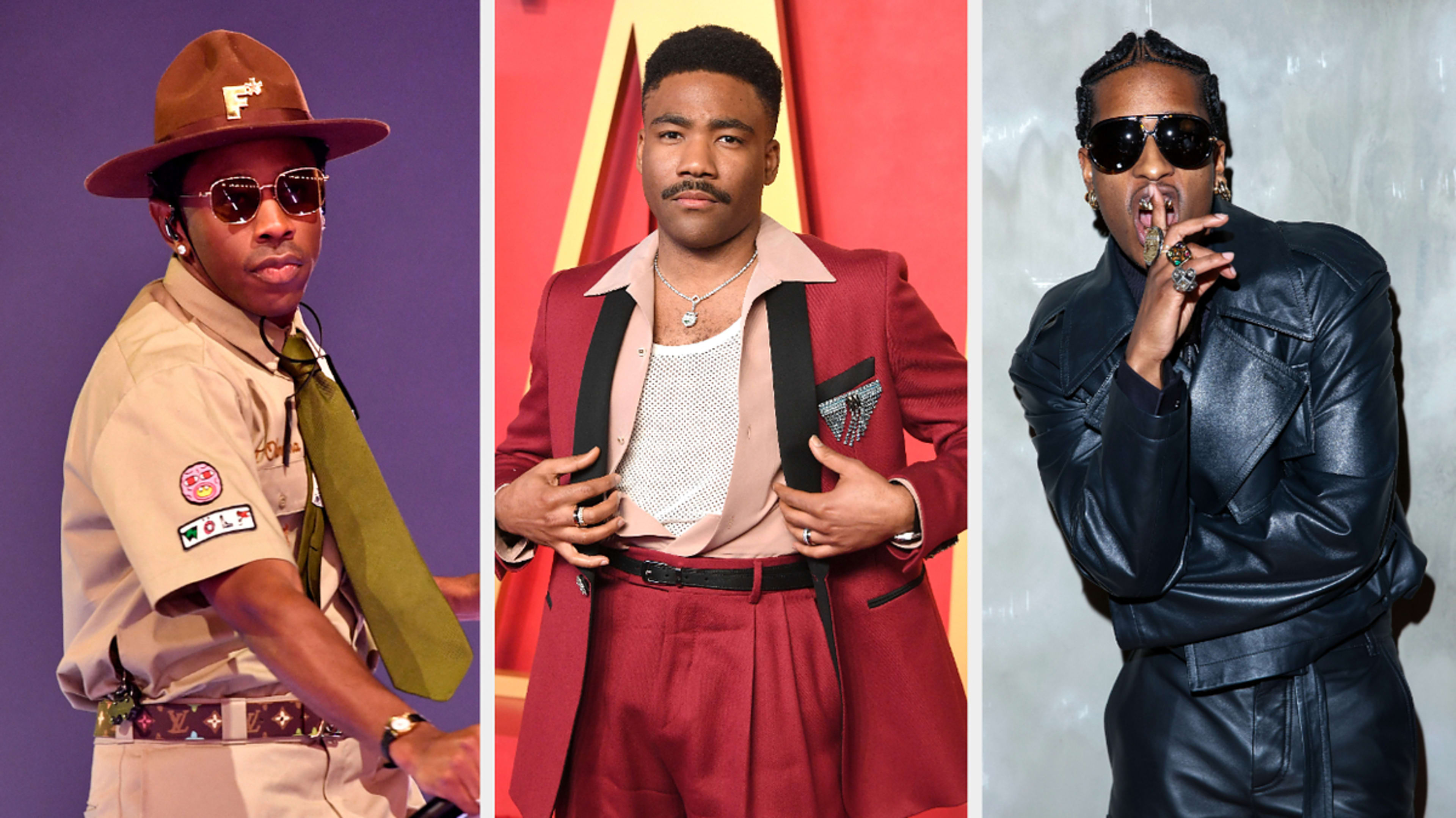 Three male artists in distinct outfits: Tyler, The Creator in a scout-inspired ensemble, Donald Glover in a maroon suit with a pink collar shirt, and ASAP Rocky in a black leather jacket and sunglasses