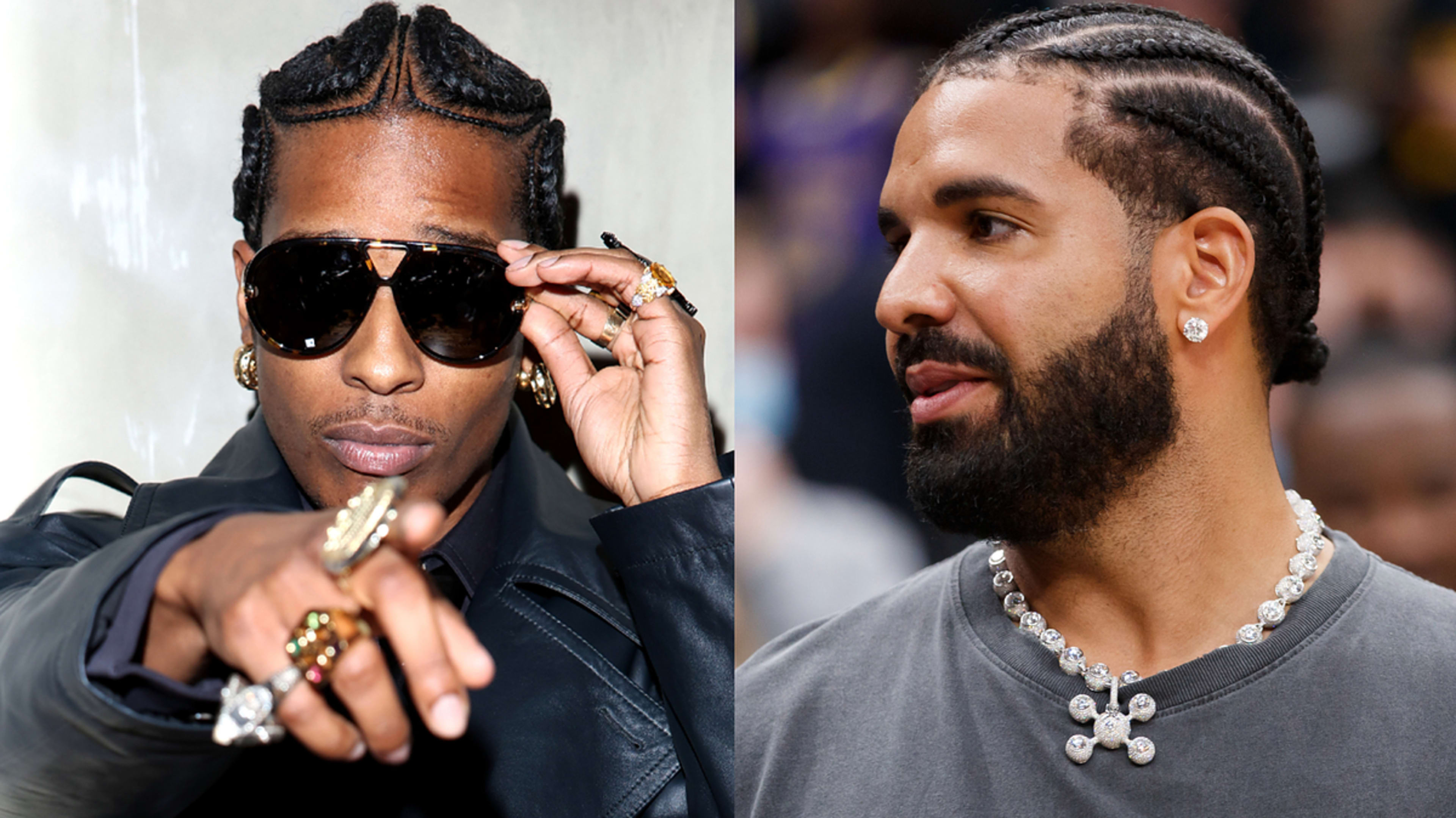 ASAP Rocky with braids and sunglasses on the left; Drake with cornrows, earring, and necklace on the right