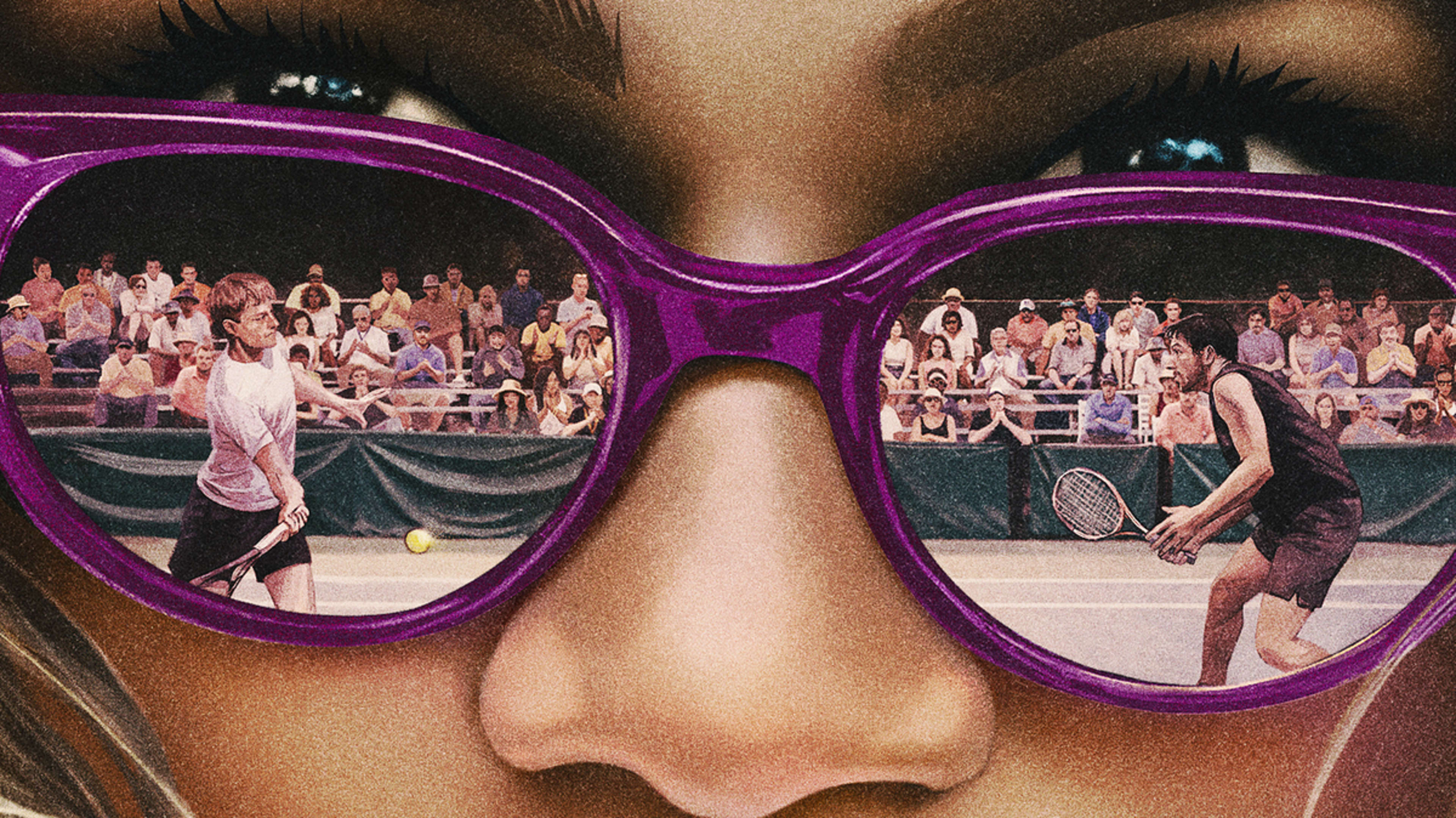 Movie poster for "Challengers" featuring Zendaya with a reflection of a tennis match in her sunglasses