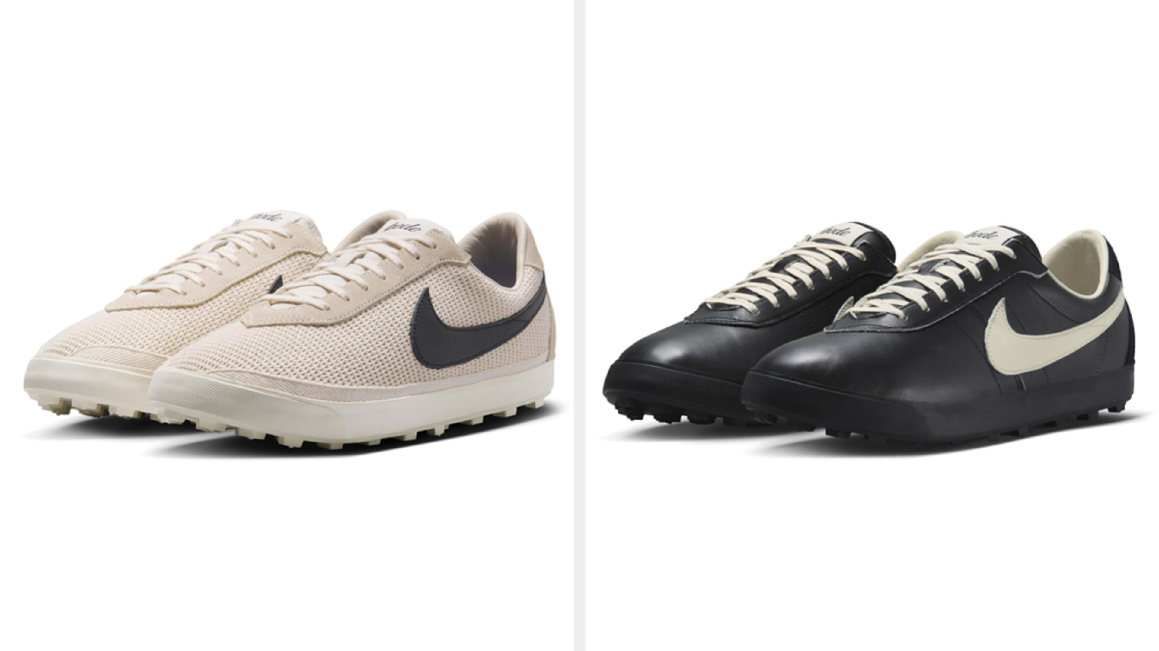 Two pairs of Nike sneakers, one white and one black, displayed side-by-side against a neutral background