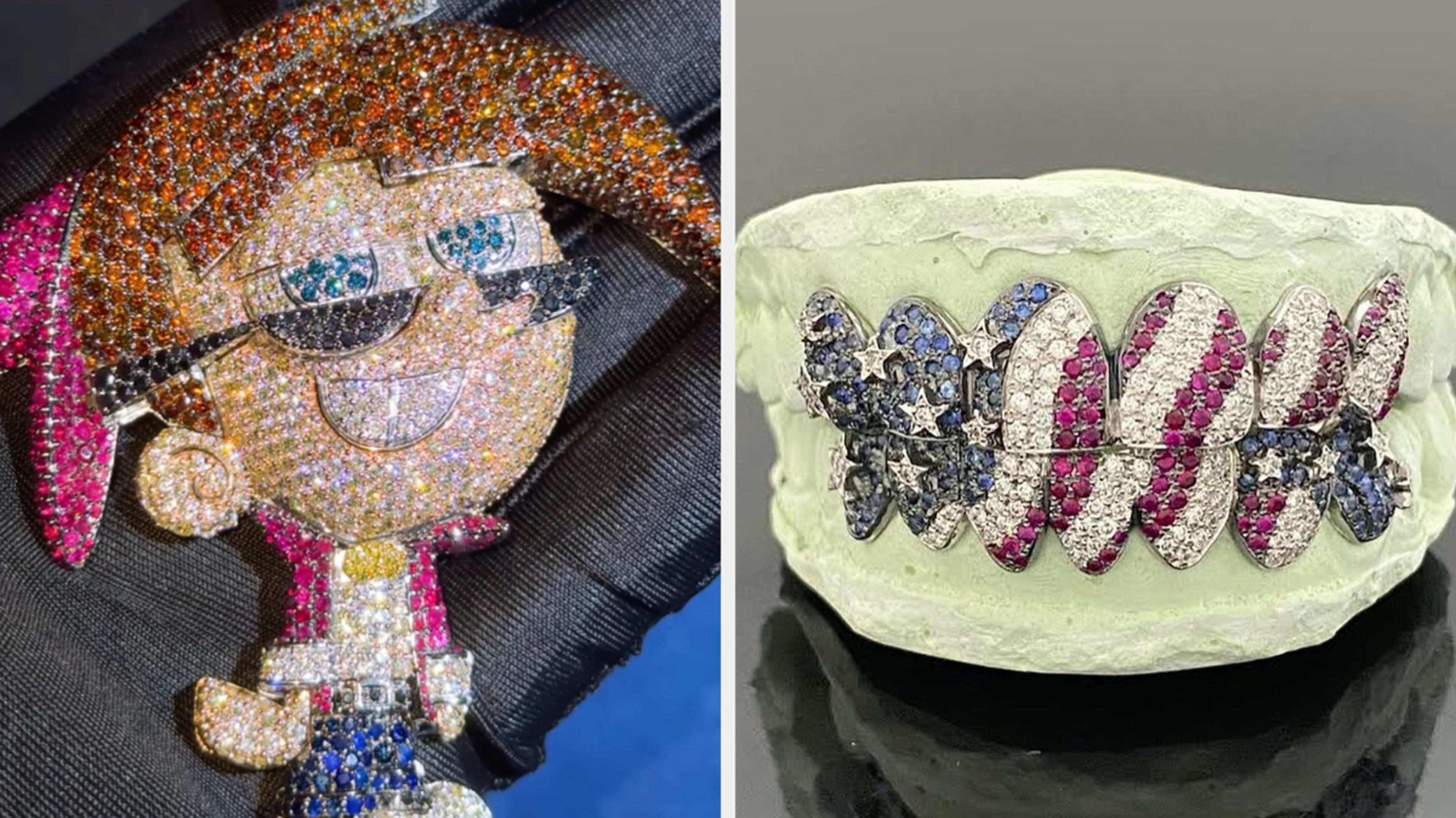 Cartoon character pendant with jewels on left; jeweled dental grill on right