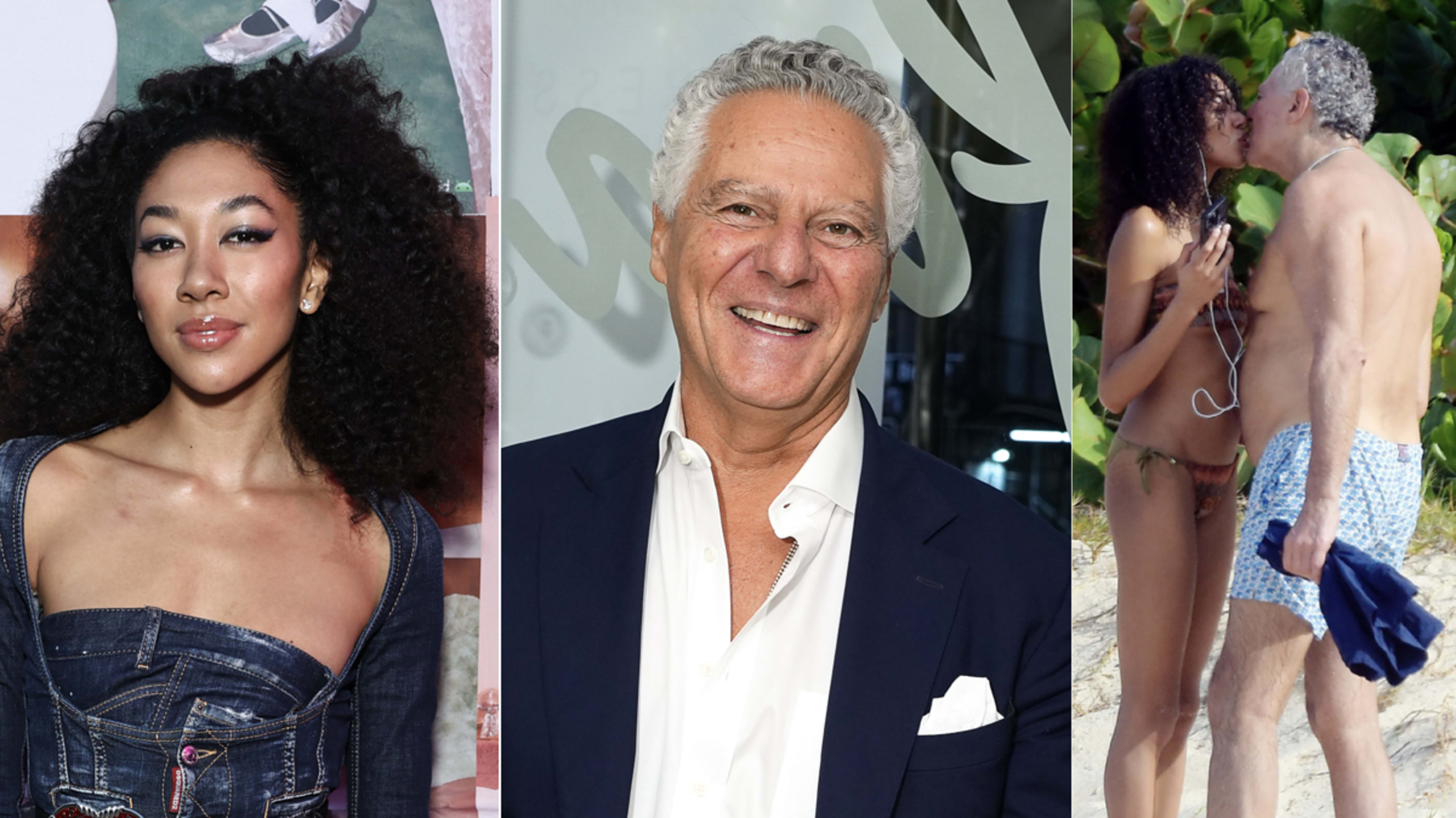 Split image with Corinne Foxx in a denim dress, smiling Mario Batali in a suit, and a couple kissing on a beach