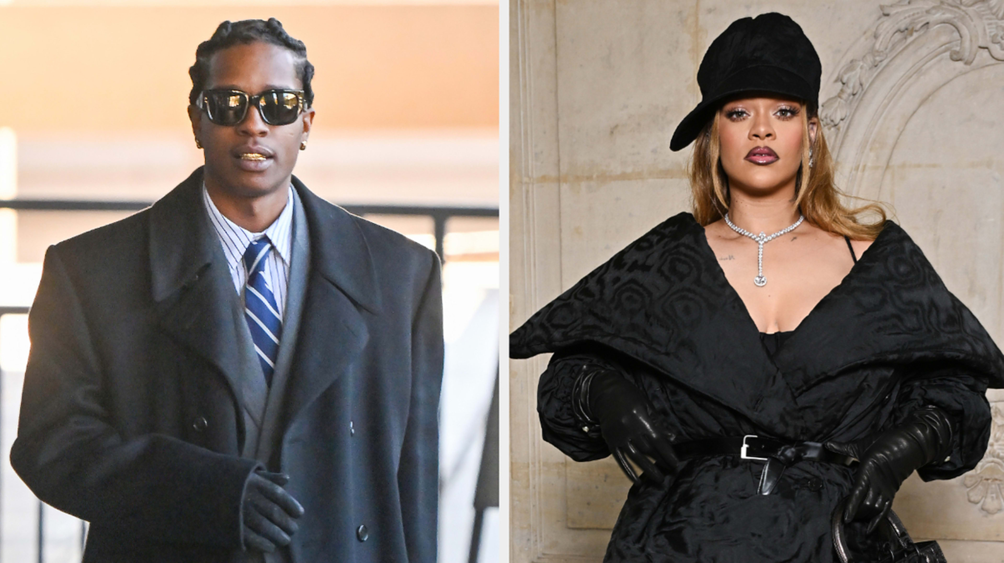 A$AP Rocky in a tailored suit and Rihanna wearing an oversized ruffled outfit with a hat. Both posing separately.