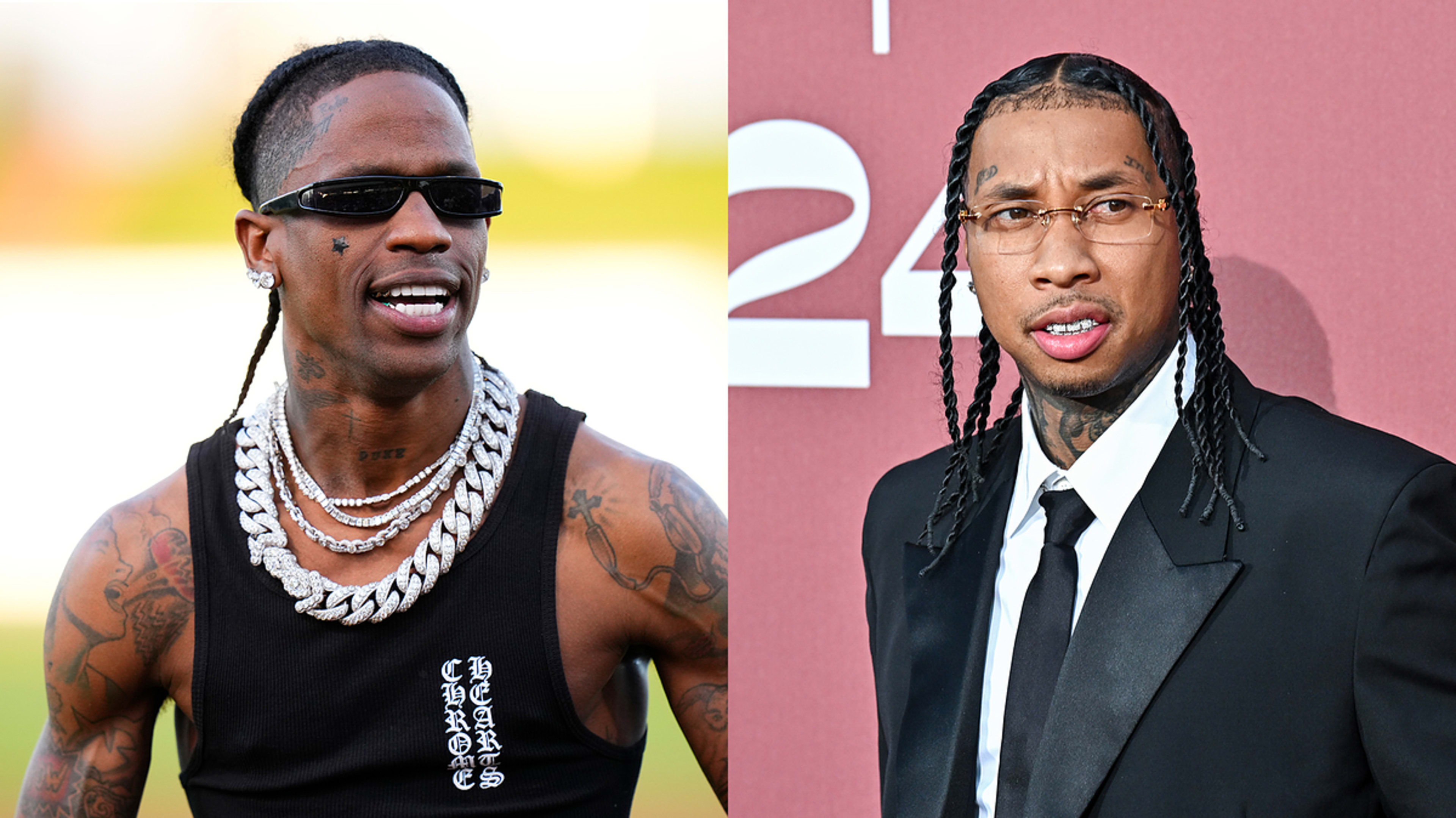 Travis Scott in a sleeveless top and large chain necklaces. Tyga in a suit and tie with long braided hair at an event