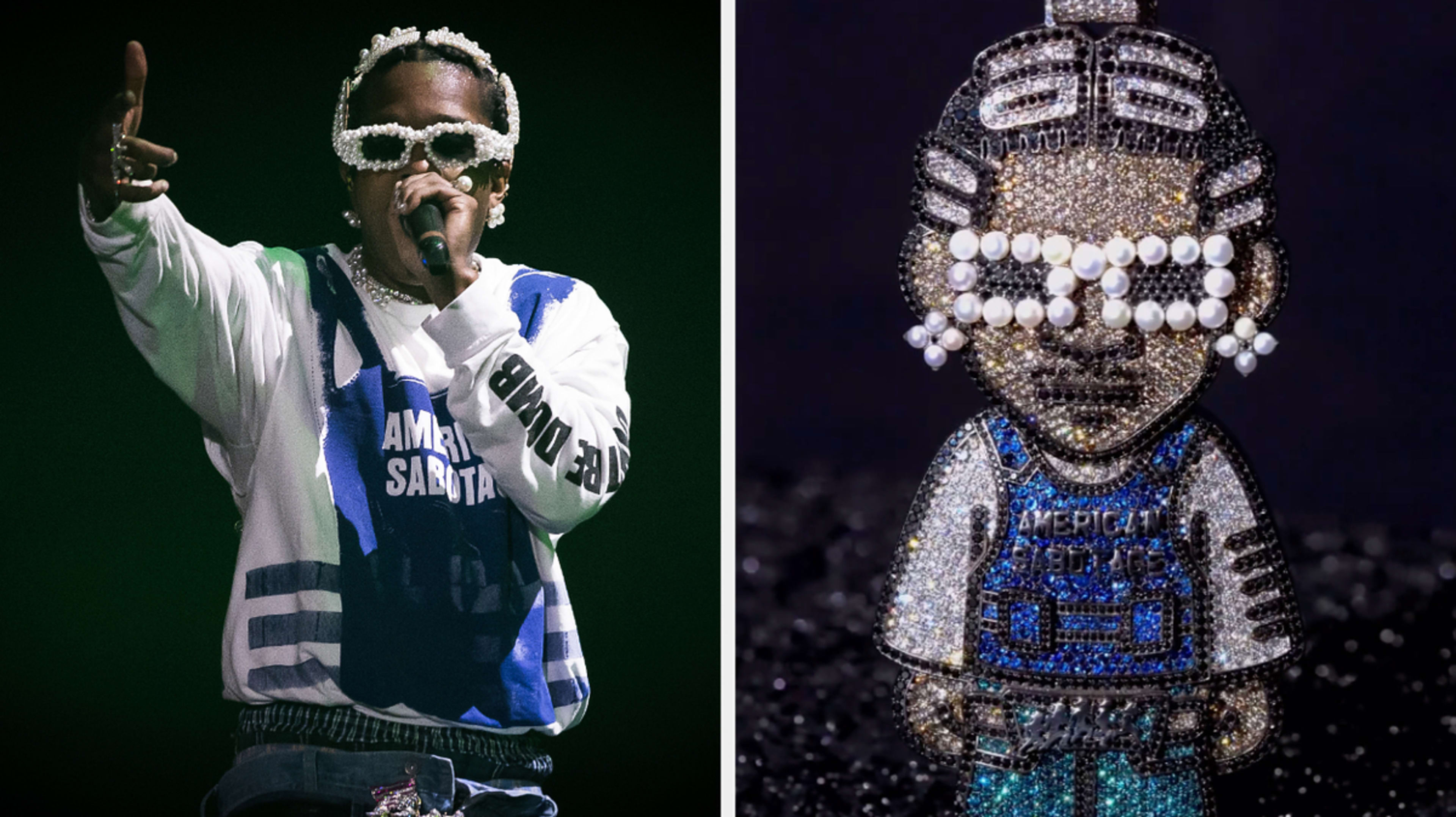 Left: Person on stage performing with microphone. Right: Bejeweled figurine pendant