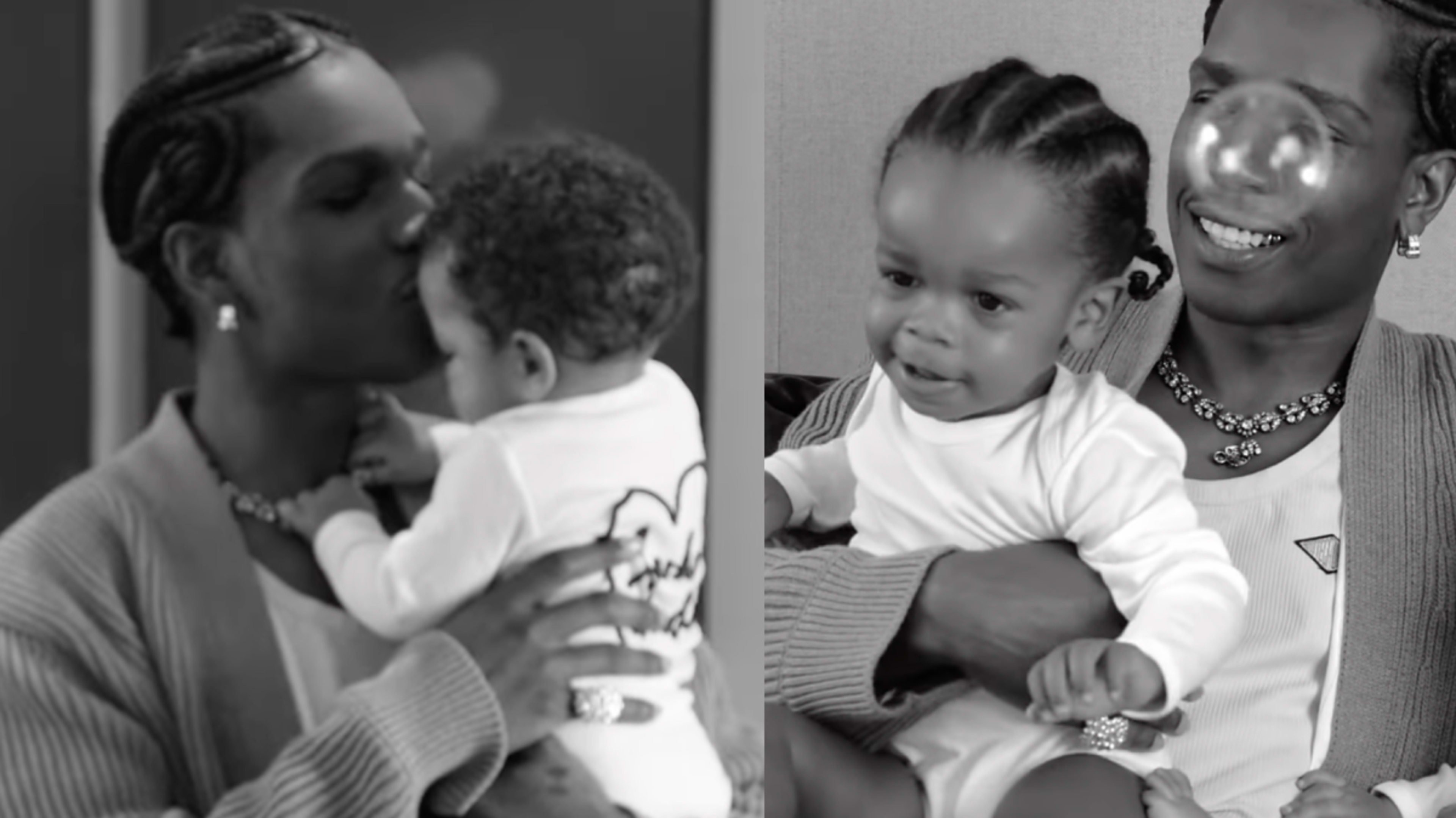 A$AP Rocky holds and kisses his child in a split-screen image. Both are dressed casually and appear affectionate and happy