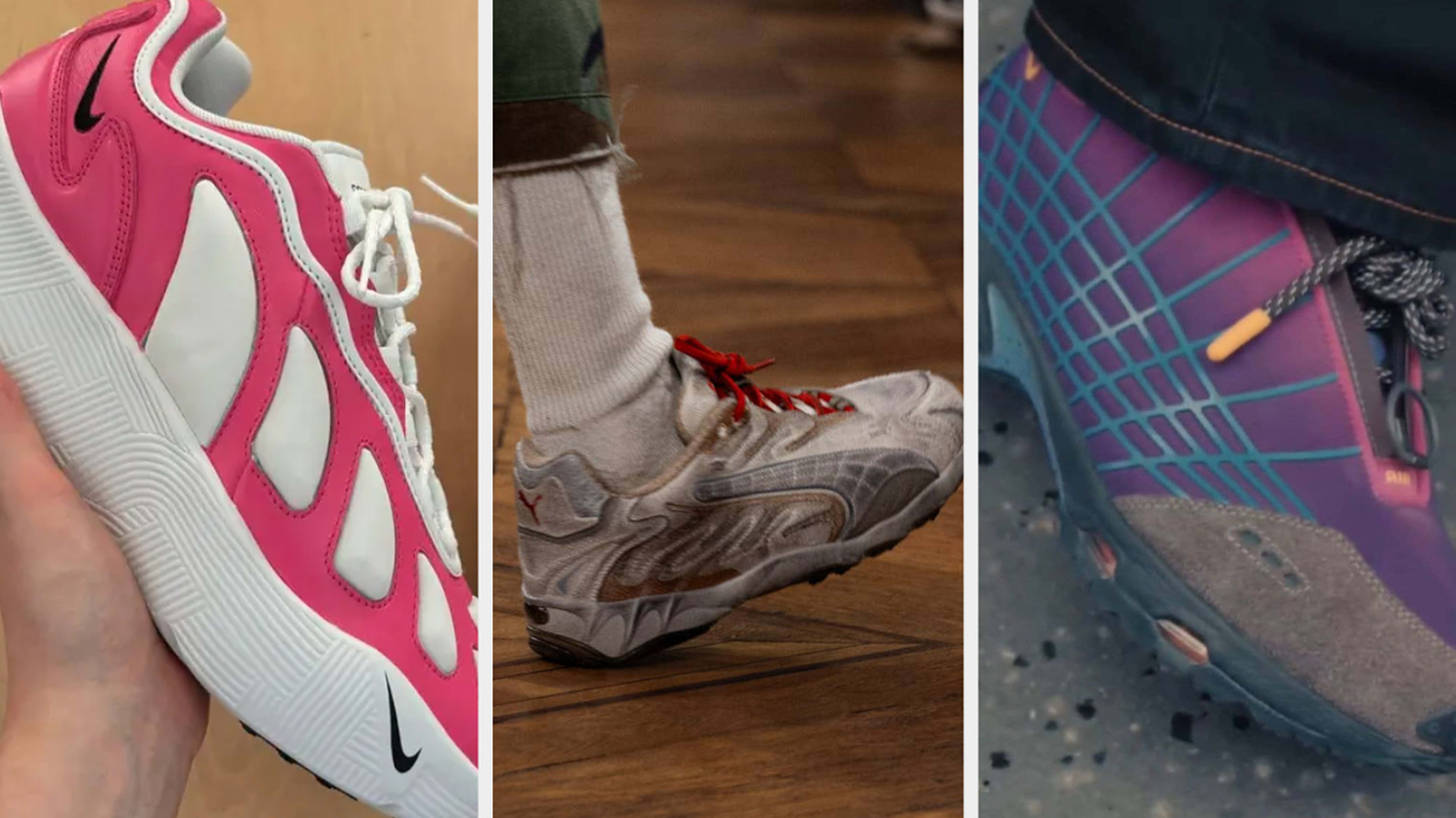 Three close-up images displaying different styles of sneakers: a pink and white sneaker, a gray and red sneaker being worn, and a purple sneaker with blue accents