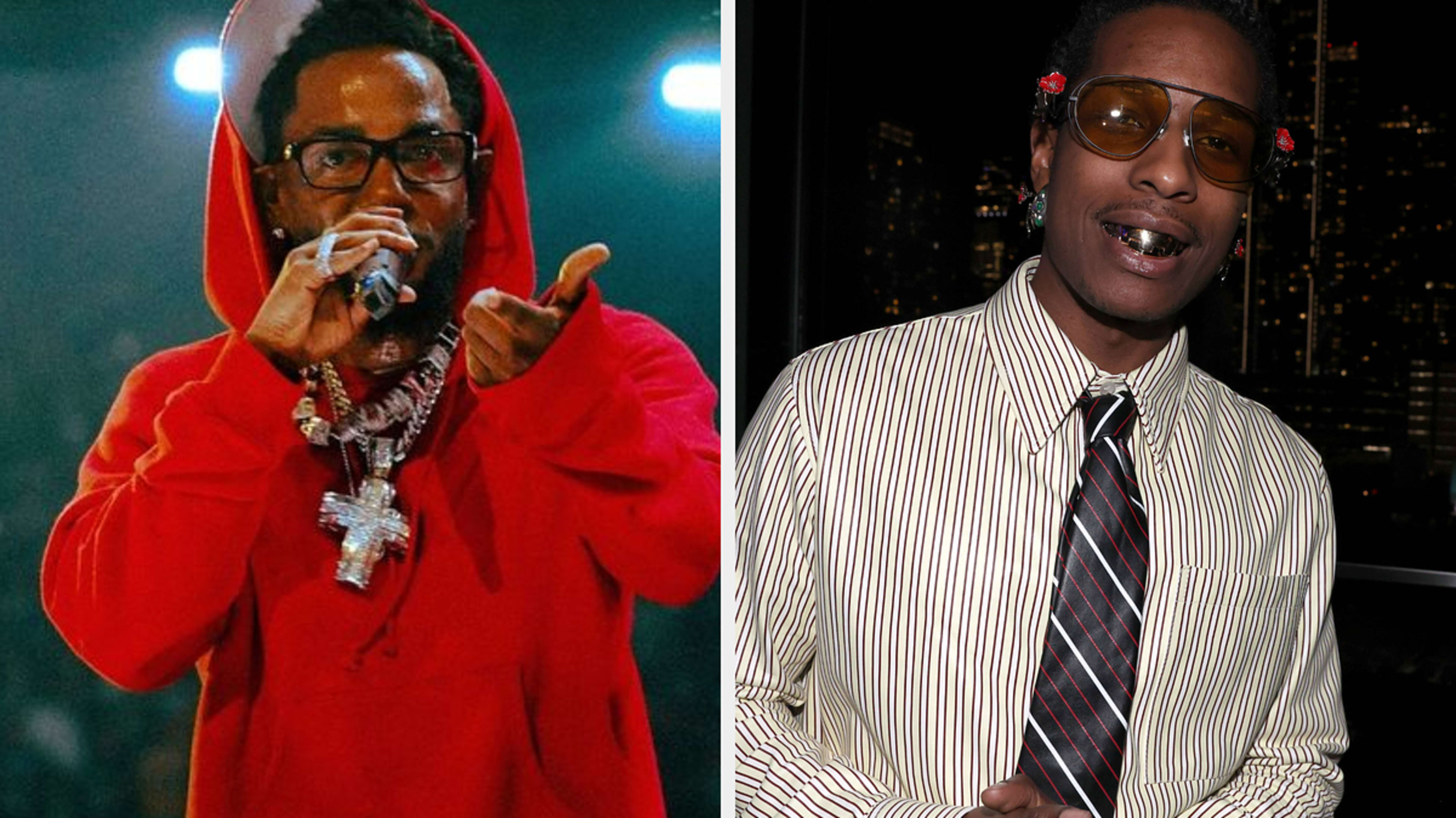 Kendrick Lamar performing in a red hoodie on stage (left), Pusha T attending an event wearing a patterned jacket with layered necklaces (right)