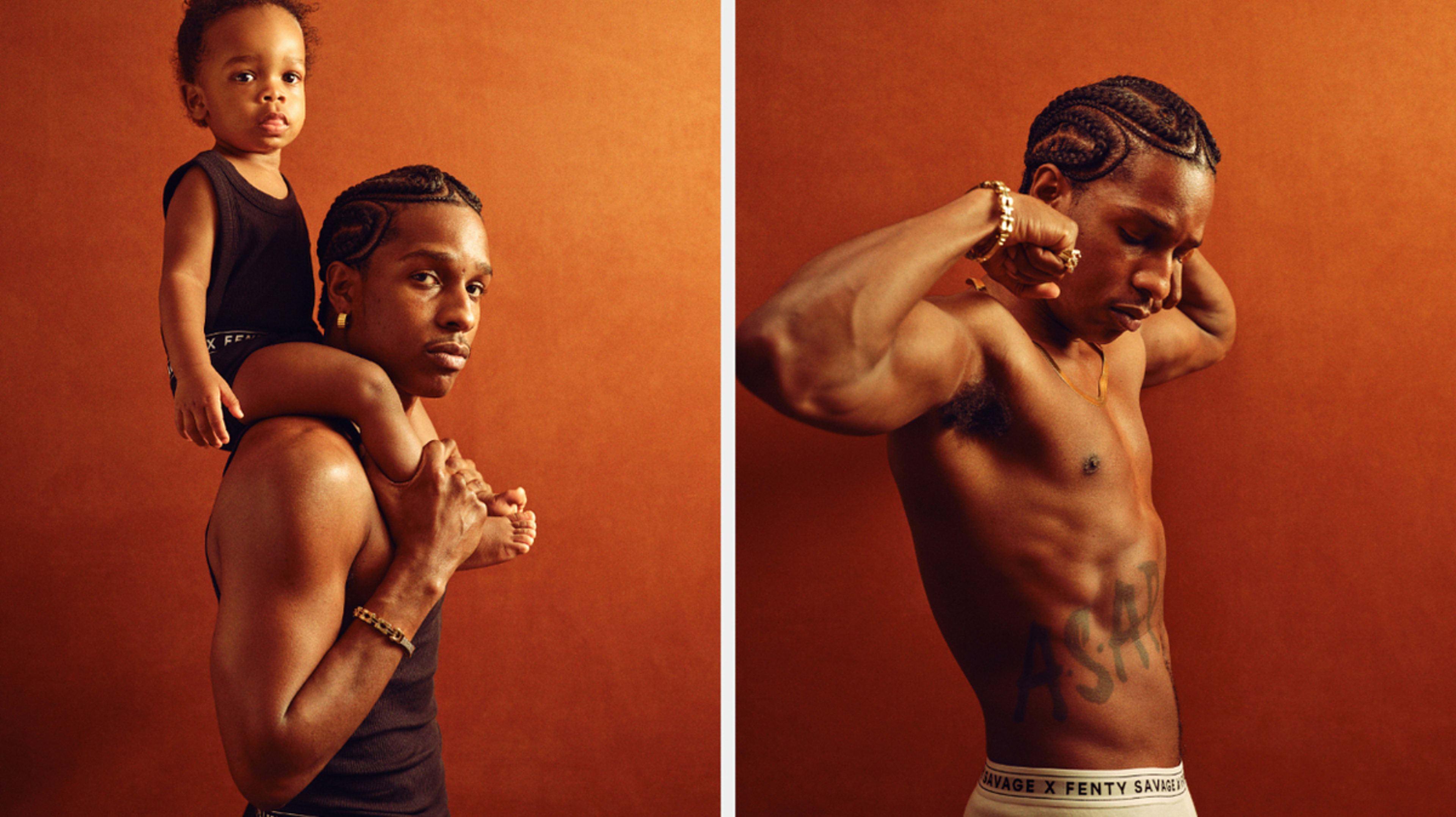 A$AP Rocky and his son pose in coordinated casual attire; A$AP Rocky flexes his arm while wearing bandana-patterned boxers, showcasing his tattoos