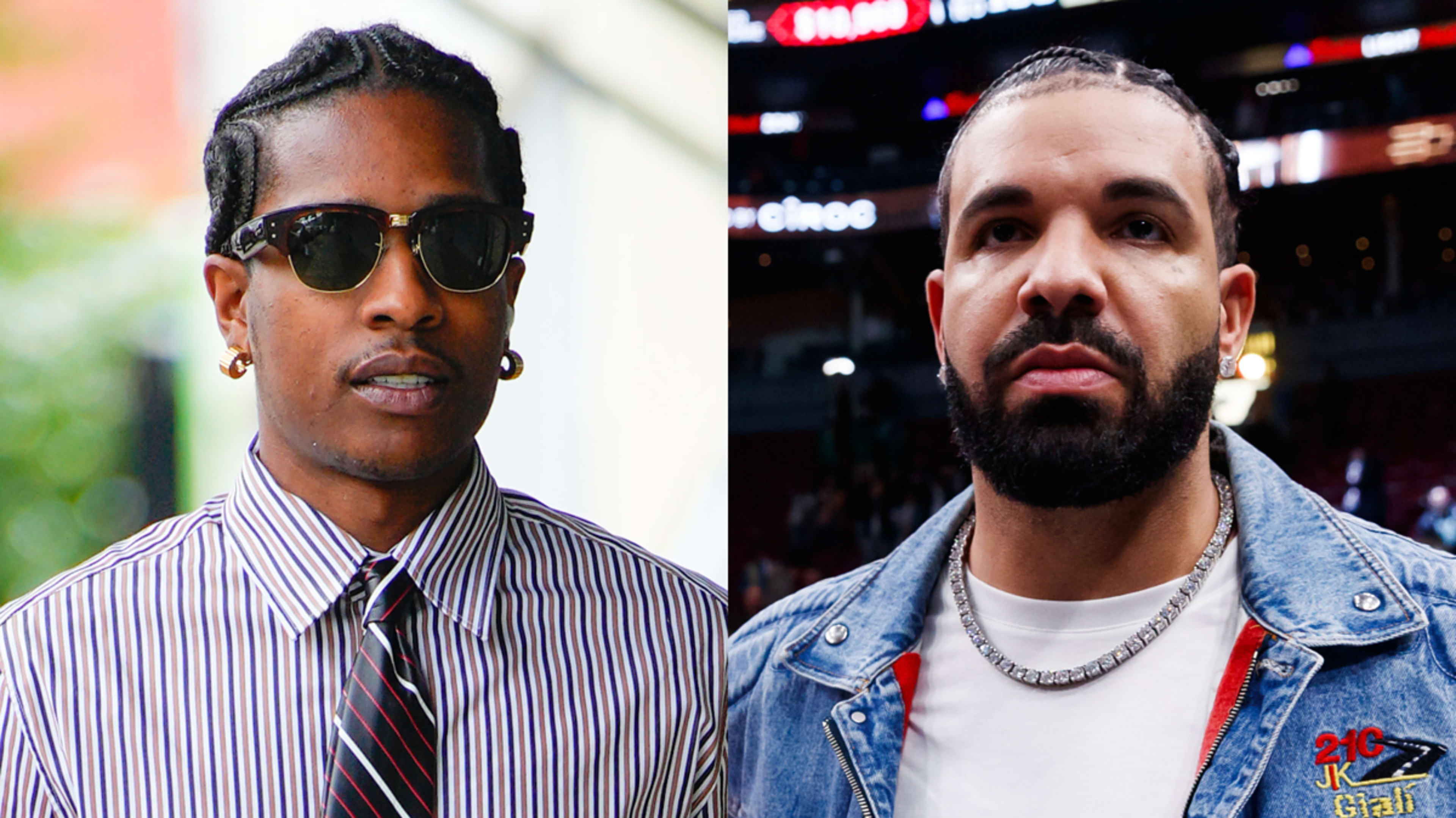 A$AP Rocky, wearing sunglasses and a striped shirt with tie, and Drake, in a denim jacket over a white t-shirt and chain necklace, are pictured side by side