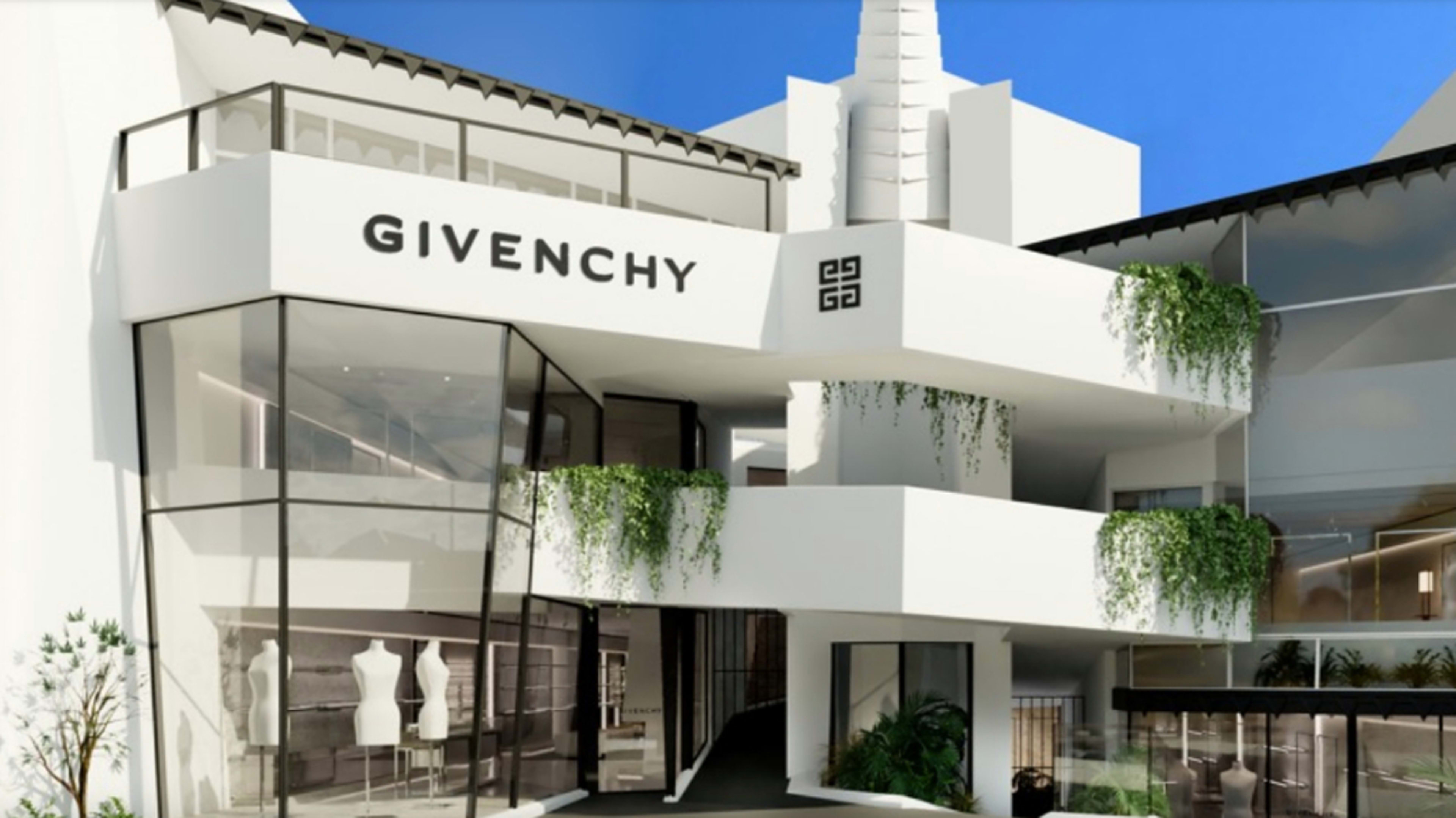 The image shows the exterior of a Givenchy store with modern architecture and greenery hanging from the second floor