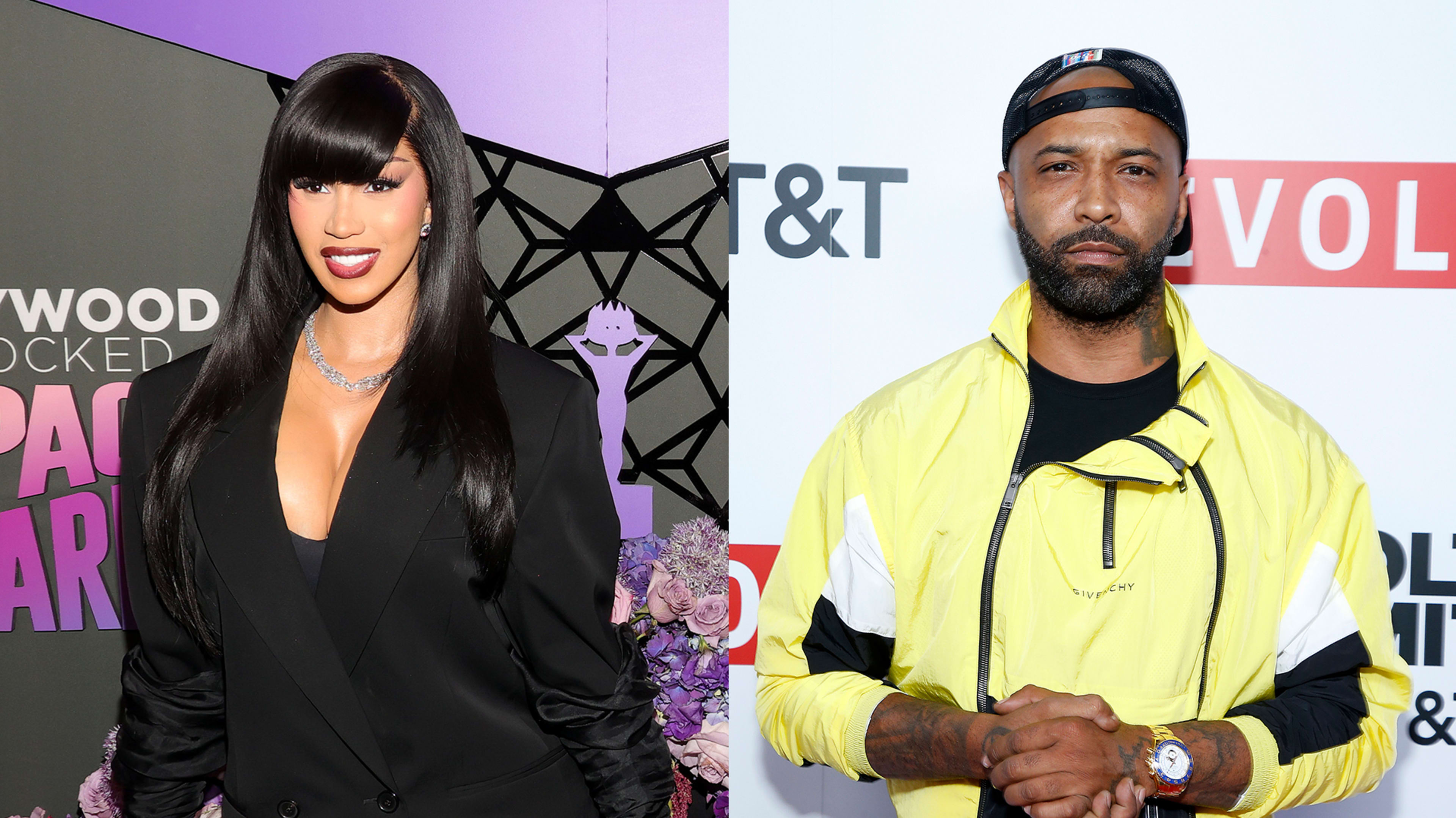 Cardi B and Joe Budden stand at separate events: Cardi B in an elegant black outfit with long hair, and Joe Budden in a casual yellow jacket and cap