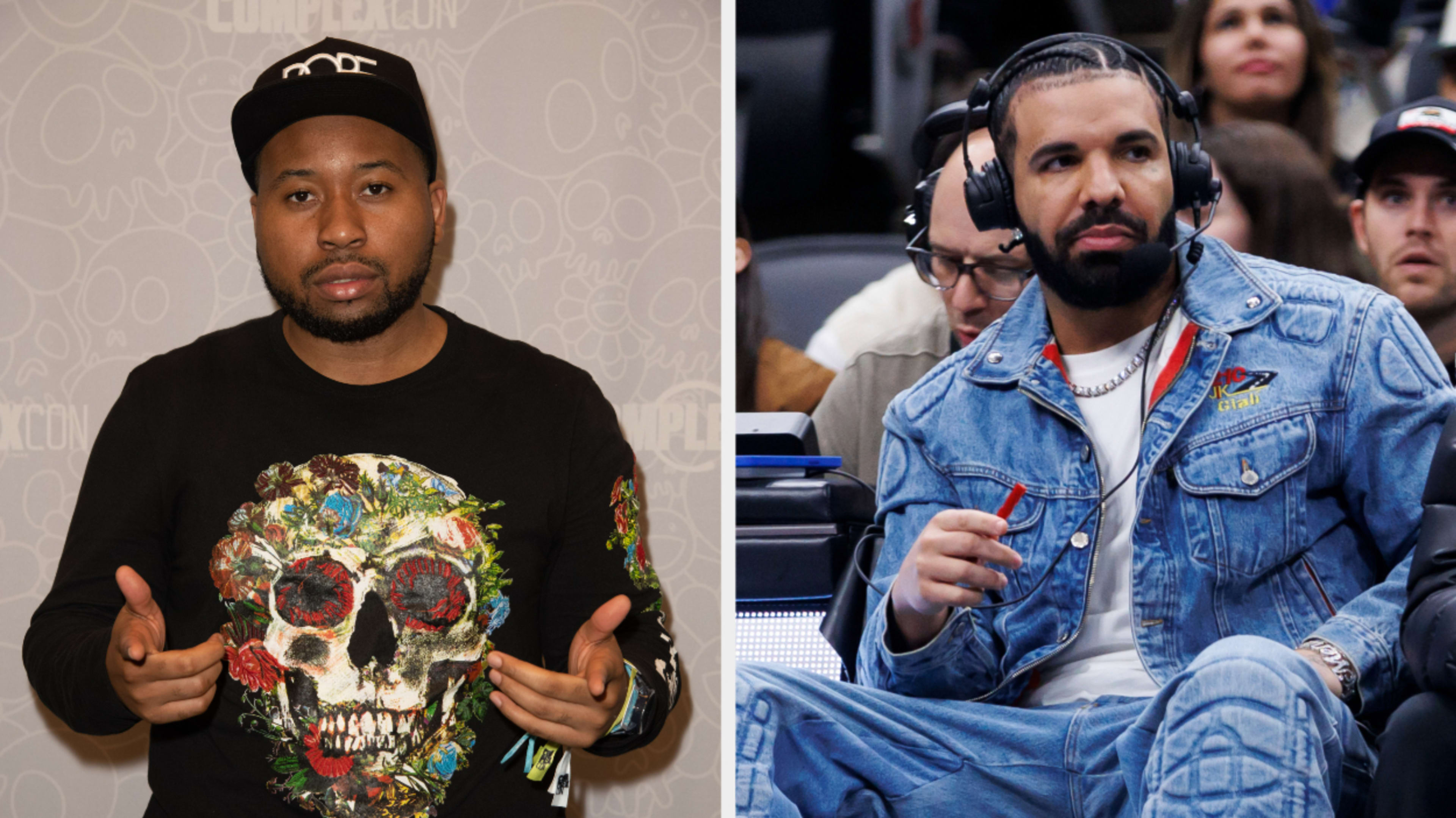 DJ Akademiks gesturing with hands up, wearing a graphic sweatshirt; Drake sitting courtside in double denim attire during a basketball game