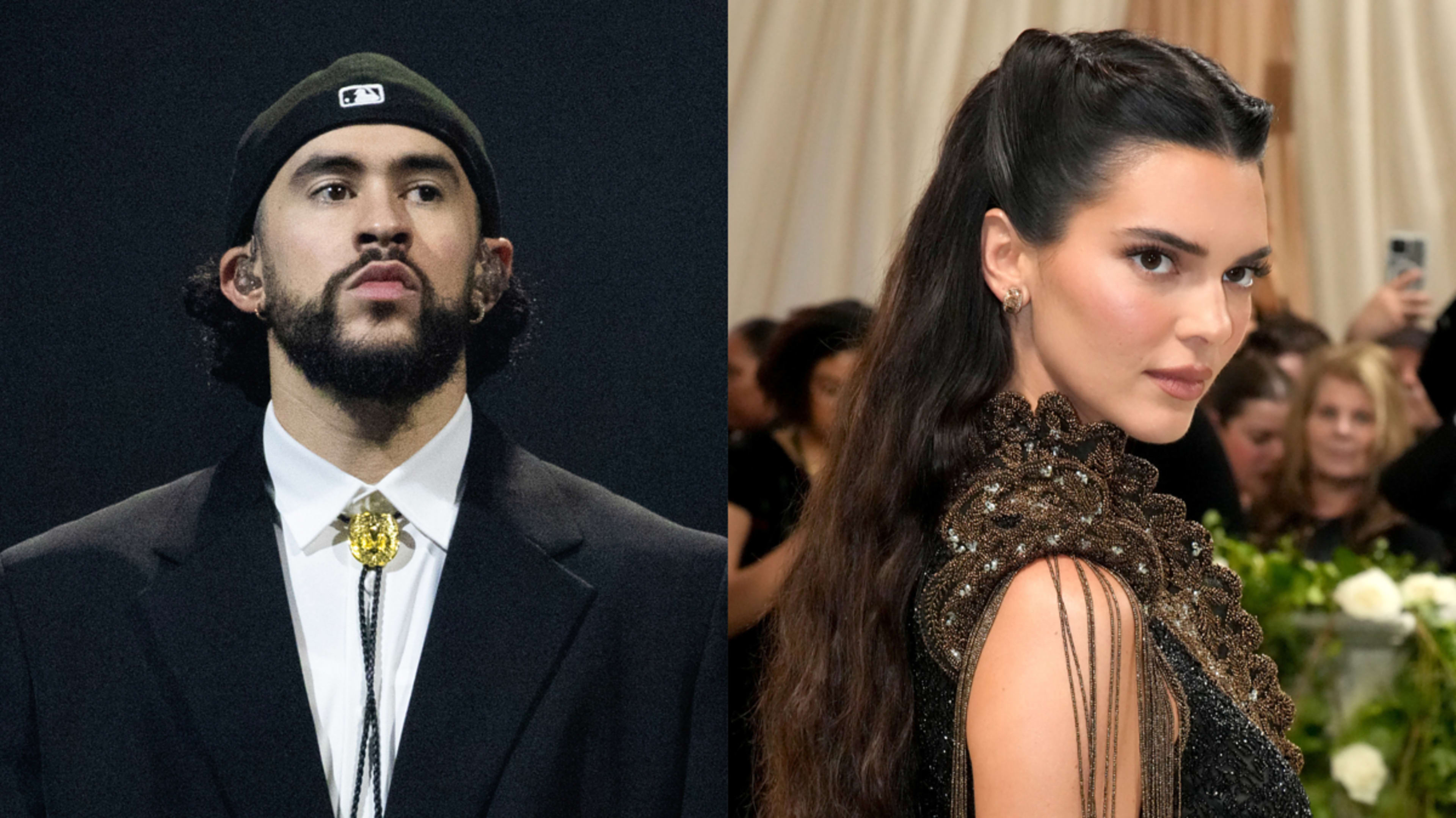 Bad Bunny and Kendall Jenner at an event; Bad Bunny wears a blazer and baseball cap, Kendall wears an ornate, sleeveless gown