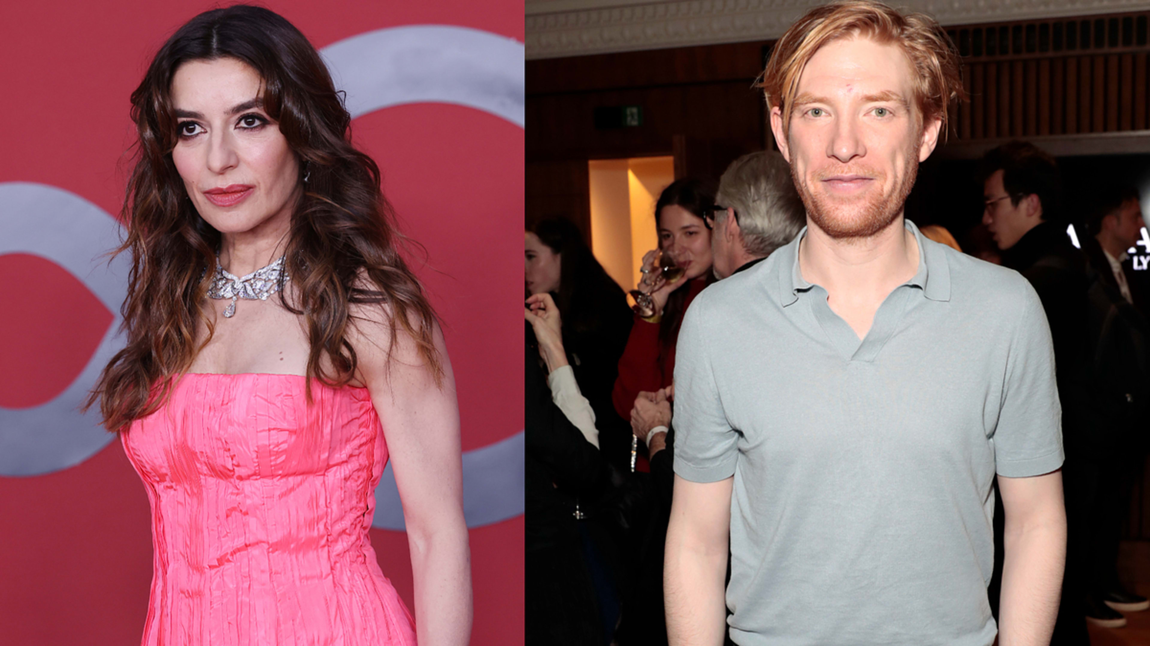 Two side-by-side photos: Left - Woman in ruffled gown and necklace. Right - Man in casual shirt at event