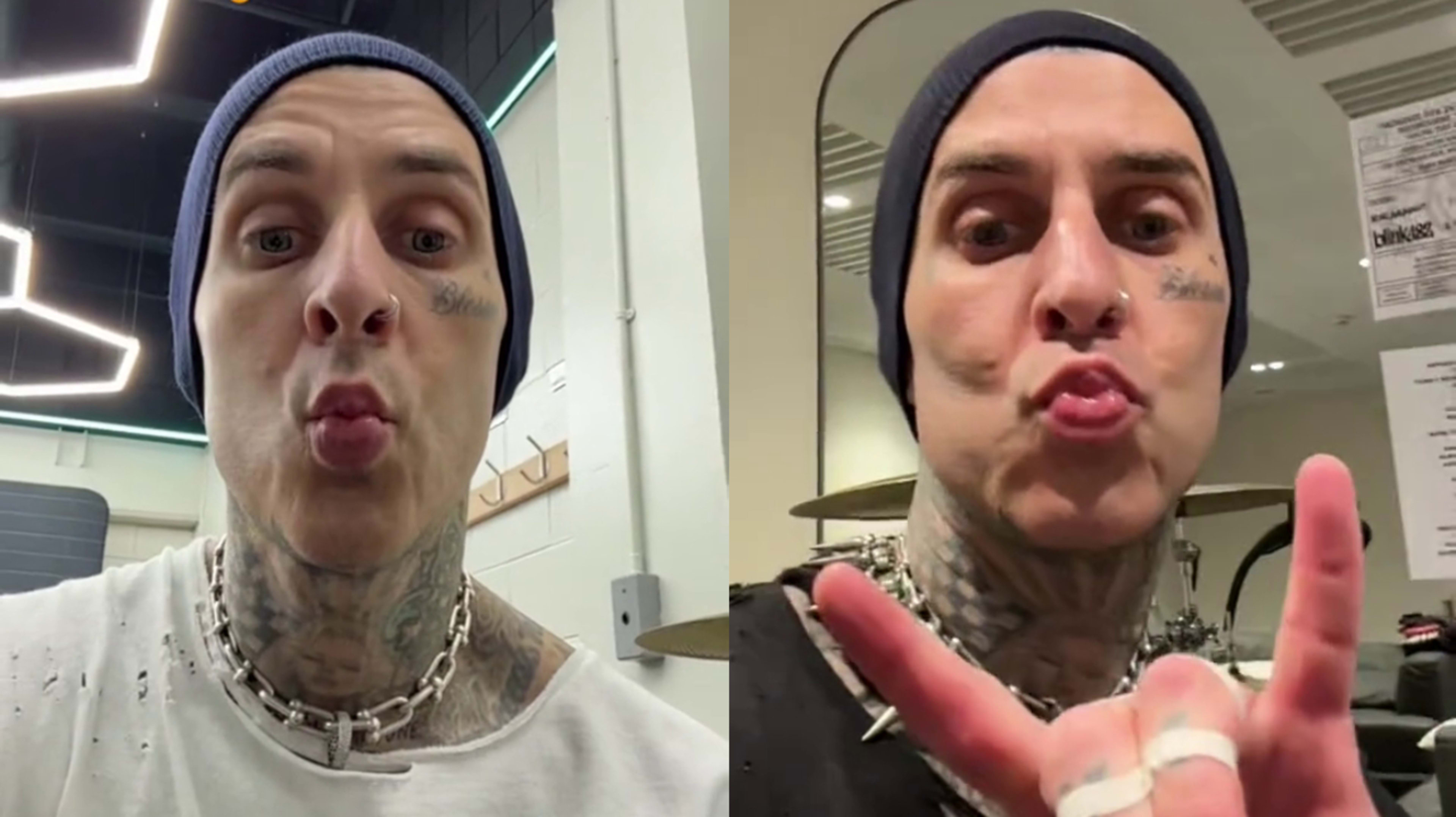 Two separate photos of Travis Barker making kissy faces