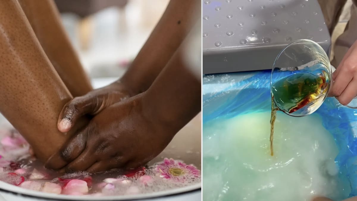 Split image: Left - two hands clasping in sudsy water with petals. Right - pouring liquid into a bath