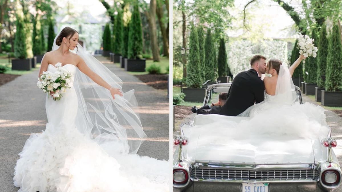 A woman in a strapless wedding gown with a flowing veil stands holding a bouquet. A couple, in wedding attire, poses on the back of a vintage car with the bride holding flowers