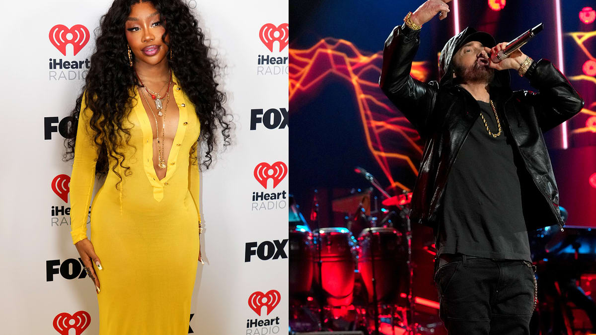 SZA in a long, deep V-neck dress on the iHeartRadio red carpet and Eminem performing on stage with a microphone