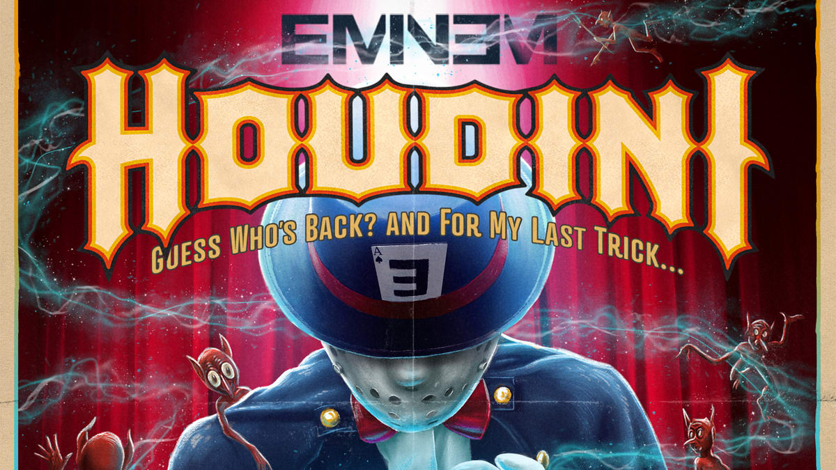 Album cover with text "Eminem Houdini Guess Who's Back? And For My Last Trick..." featuring a mysterious figure in a hat and mask amidst magical elements