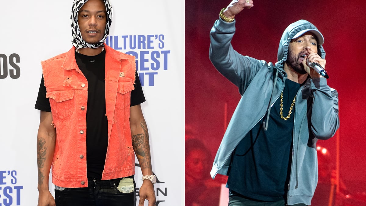 Left: Artist Dex Lama in a black shirt, orange sleeveless jacket, and patterned hood at an event. Right: Eminem performing on stage in a hoodie and gold chain