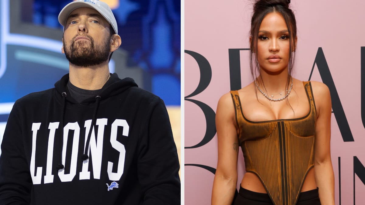 Eminem in a hoodie and cap, and Cassie in a stylish corset top, are pictured side by side