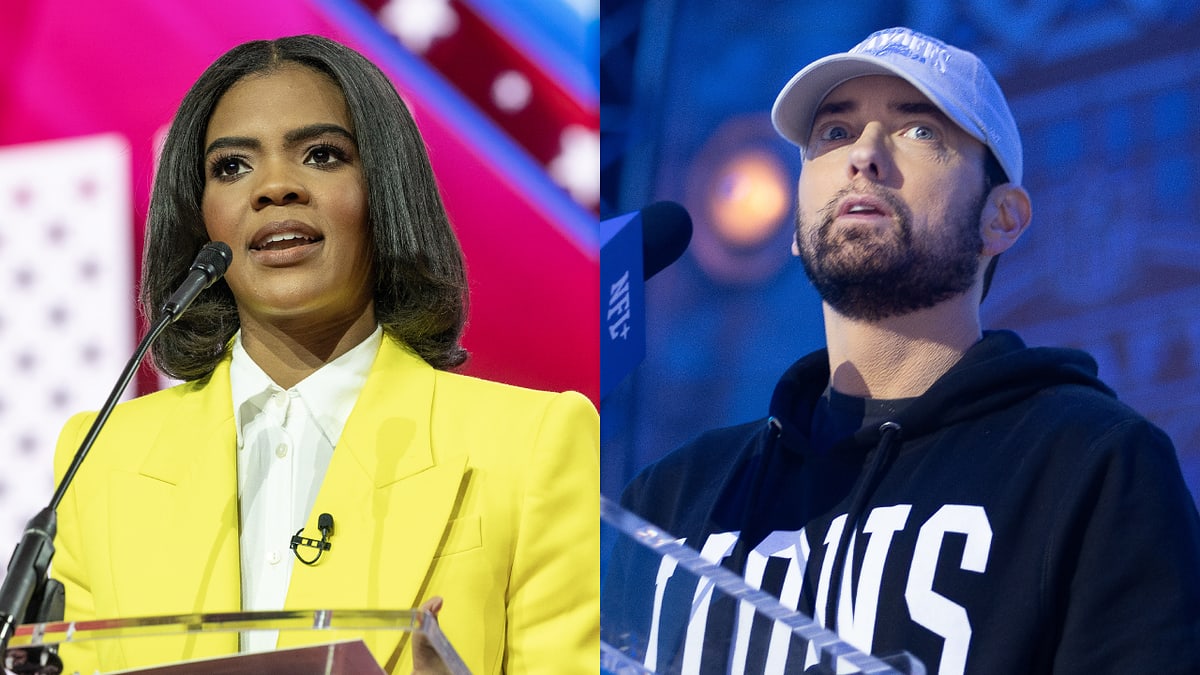 Candace Owens speaks at a podium wearing a yellow blazer; Eminem is on stage in a hoodie and baseball cap