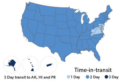 Delivery is typically within 1 day to Virginia and parts of neighboring states, 2 days to the rest of the 48 contiguous states, and 3 days to Alaska, Hawaii and Puerto Rico.