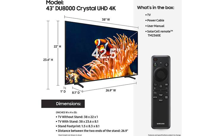 Samsung UN43DU8000 Dimensions