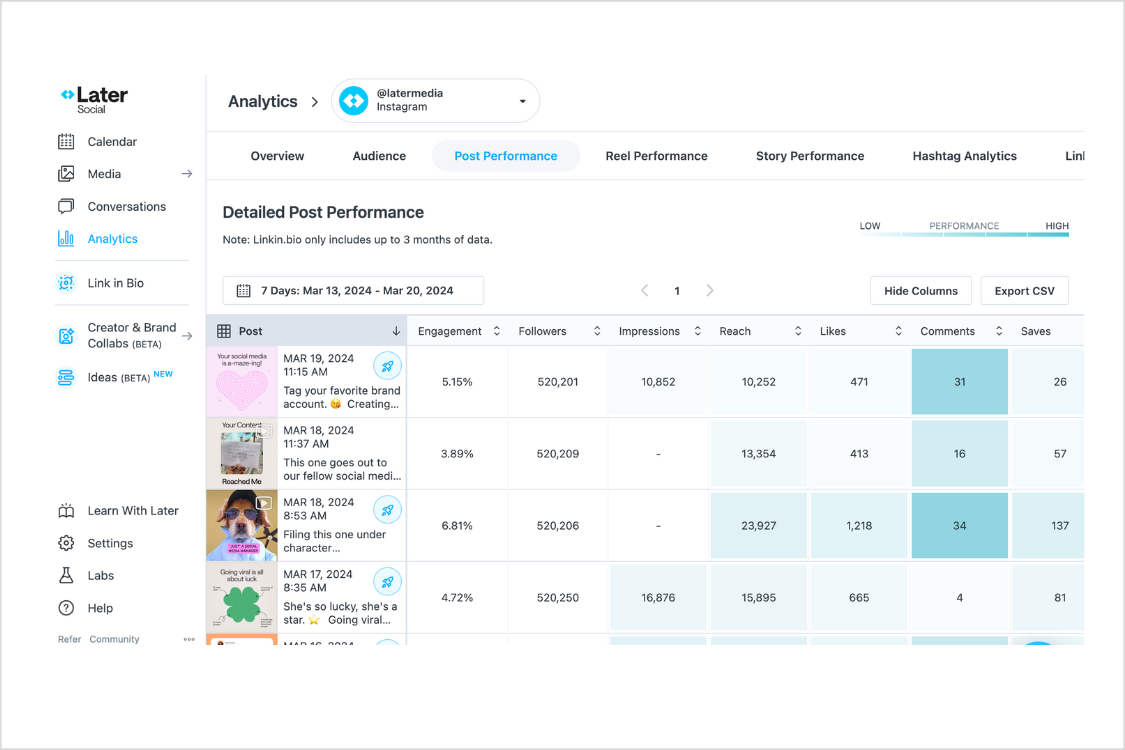 Later analytics dashboard showing top performing posts, followers, reach, comments, and more